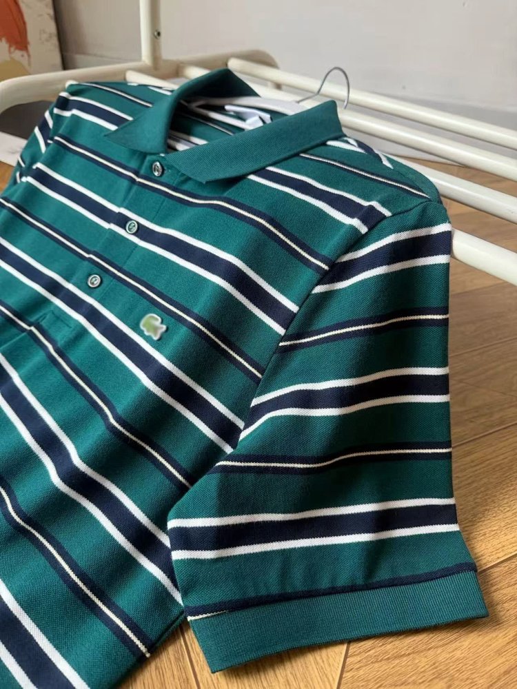 LACOSTE  Summer minimalist business casual striped lapel pearl cotton polo shirt retro embroidered p