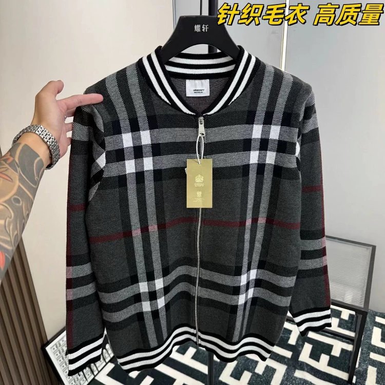 Burberry Knitted Sweater Splicing Checkered Cardigan Light Luxury Jacket Men's Trendy Brand | Litbuu
