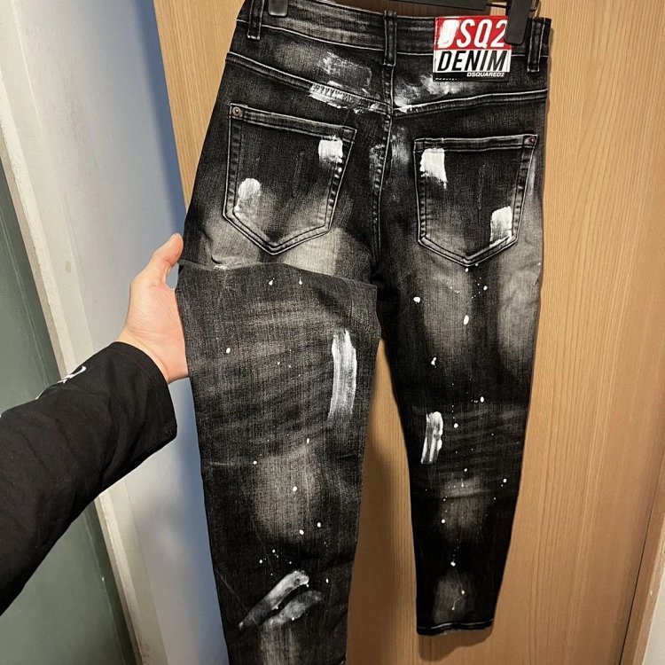 DSQUARED2  Knife cut ink ripped denim pants men's black light luxury straight leg slim fit pants |