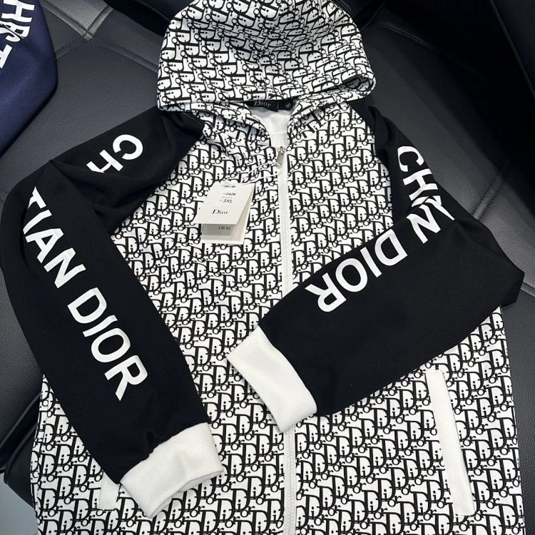 DIOR Light Luxury Full Print Spring and Autumn Coat unisex trendy brand cardigan hooded jacket | Lit