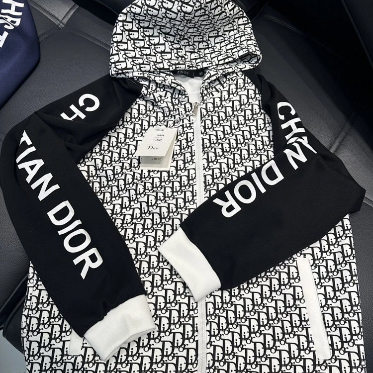 DIOR Light Luxury Full Print Spring and Autumn Coat unisex trendy brand cardigan hooded jacket | Lit