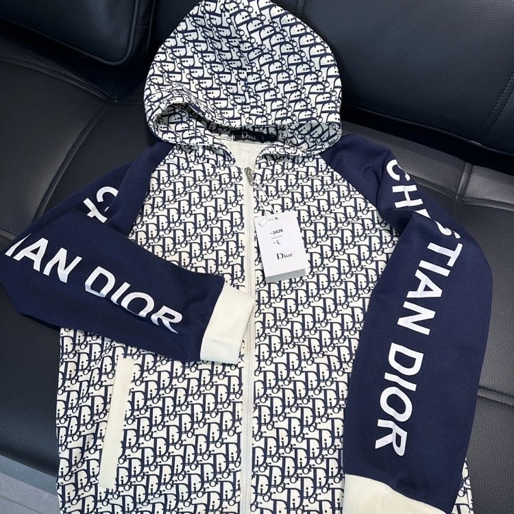 DIOR Light Luxury Full Print Spring and Autumn Coat unisex trendy brand cardigan hooded jacket | Lit