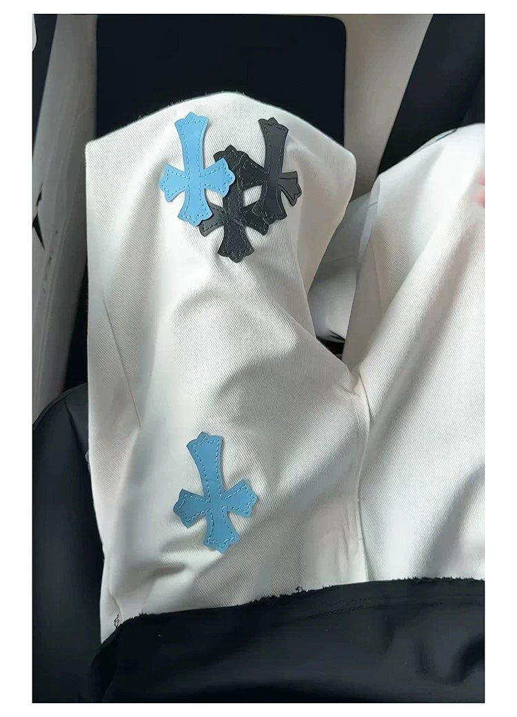 Chrome Hearts White Luxury Jeans Classic Leather Cross Men's and Women's Loose Straight Pants | Litb
