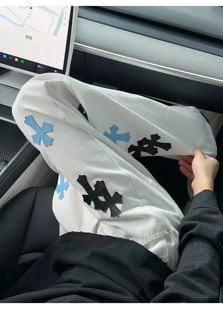 Chrome Hearts White Luxury Jeans Classic Leather Cross Men's and Women's Loose Straight Pants | Litb