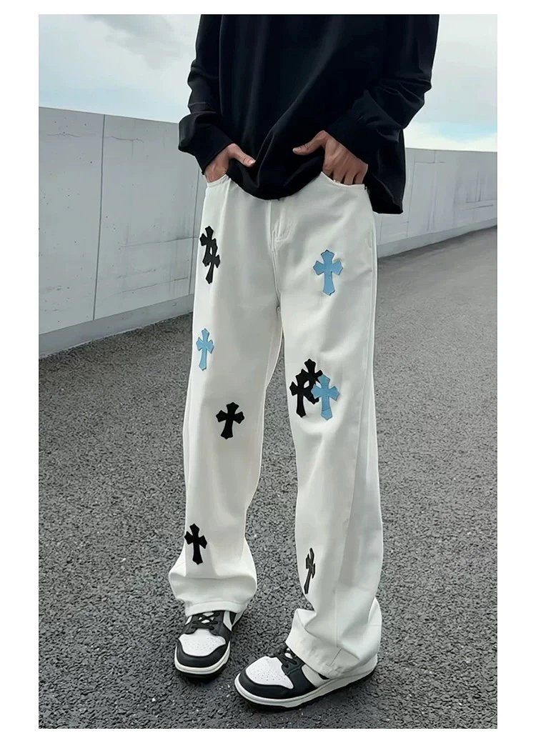 Chrome Hearts White Luxury Jeans Classic Leather Cross Men's and Women's Loose Straight Pants | Litb