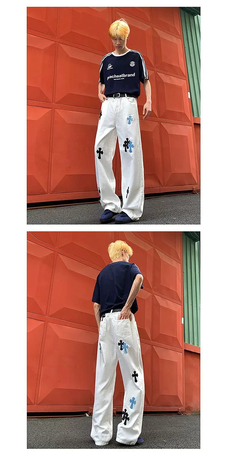 Chrome Hearts White Luxury Jeans Classic Leather Cross Men's and Women's Loose Straight Pants | Litb