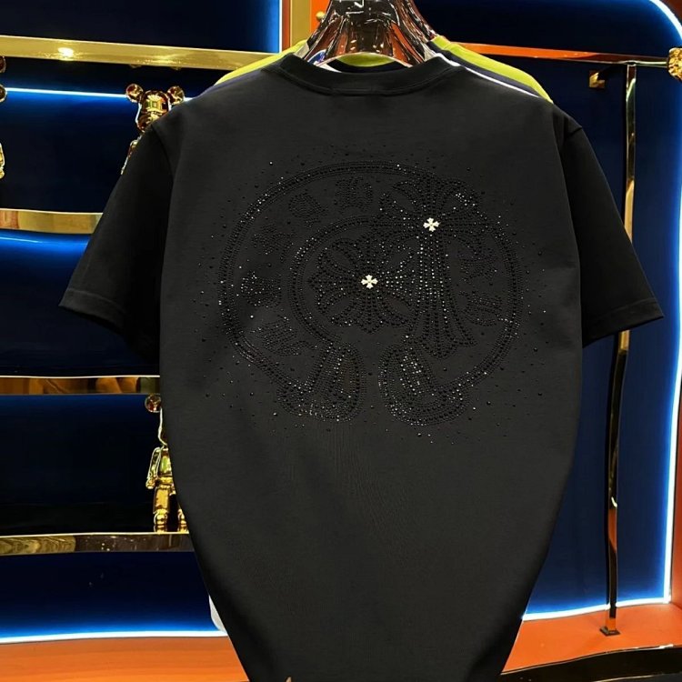Chrome Heartst Hot Diamond Light Luxury Short Sleeve T-shirt Black Men's and Women's Same Style | Li