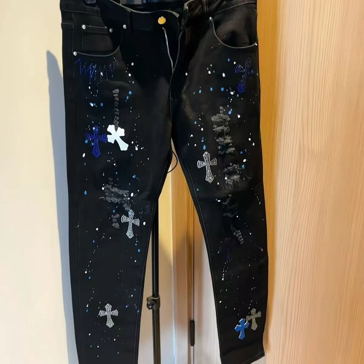 Chrome Hearts  High Street Black Cross Hot Drilled Punched Jeans | Litbuuy Spreadsheet