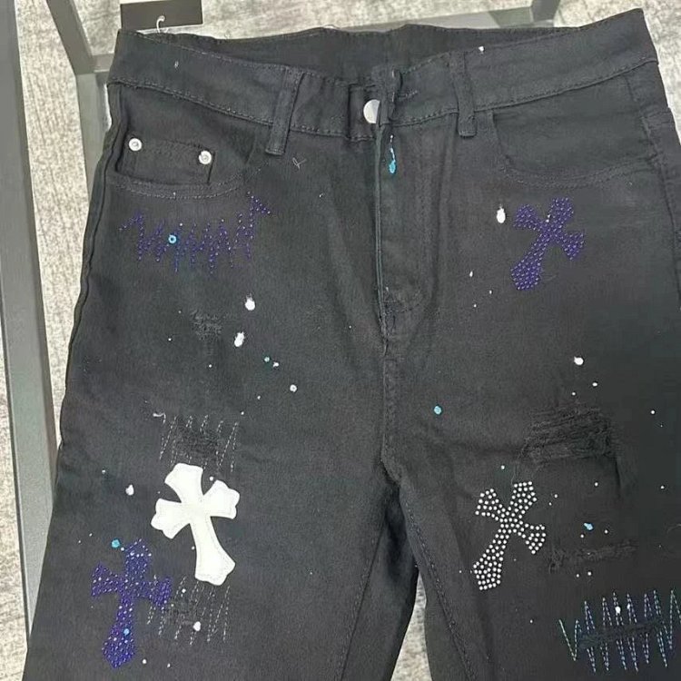 Chrome Hearts  High Street Black Cross Hot Drilled Punched Jeans | Litbuuy Spreadsheet
