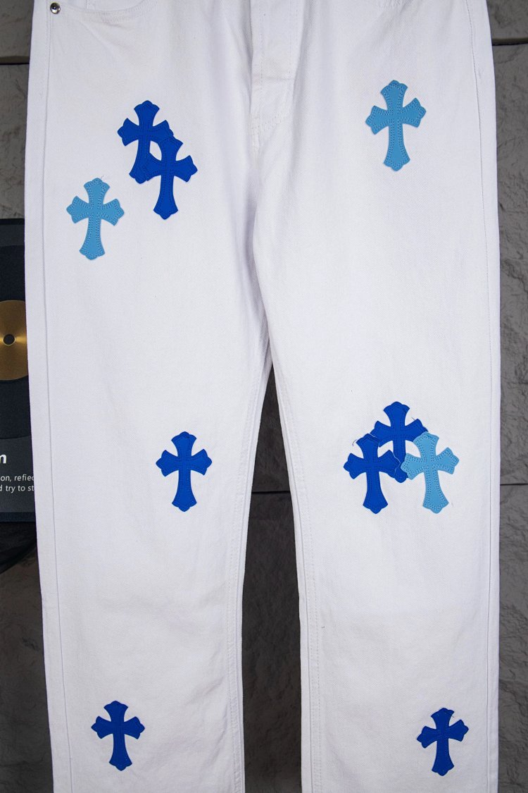 Chrome Hearts  Cross white blue label leather jeans pants | Litbuuy Spreadsheet