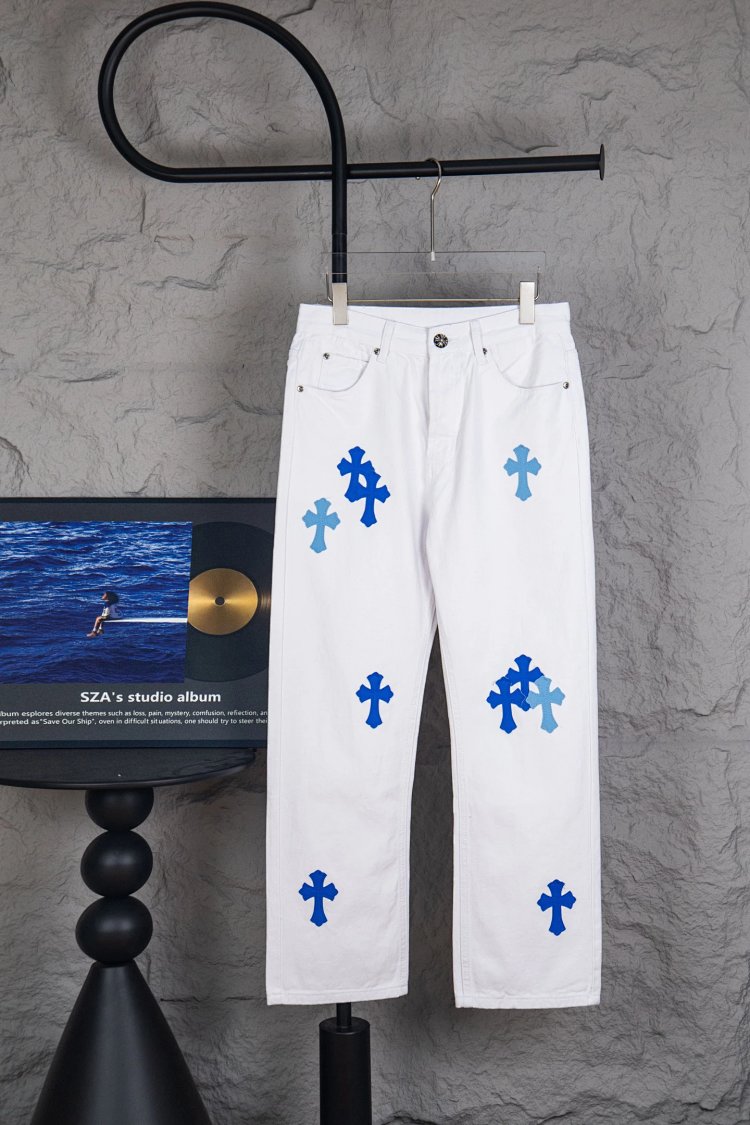 Chrome Hearts  Cross white blue label leather jeans pants | Litbuuy Spreadsheet