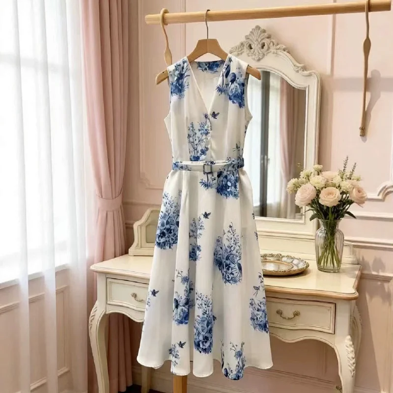 Seaside vacation blue and white printed long skirt | Litbuuy Spreadsheet
