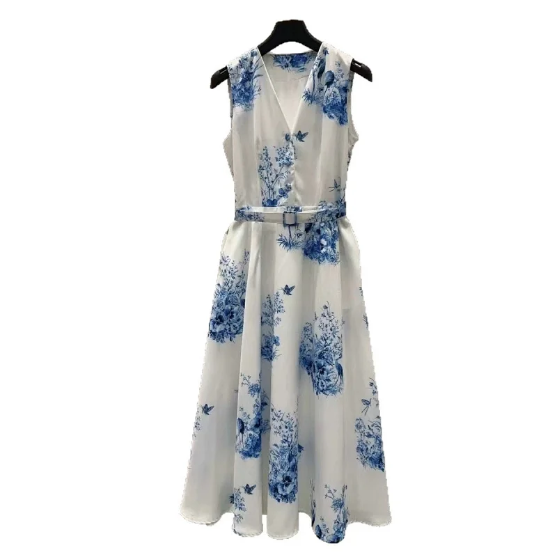 Seaside vacation blue and white printed long skirt | Litbuuy Spreadsheet