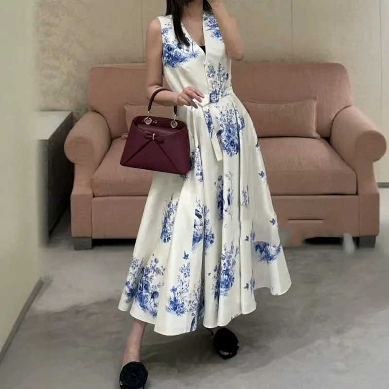 Seaside vacation blue and white printed long skirt | Litbuuy Spreadsheet