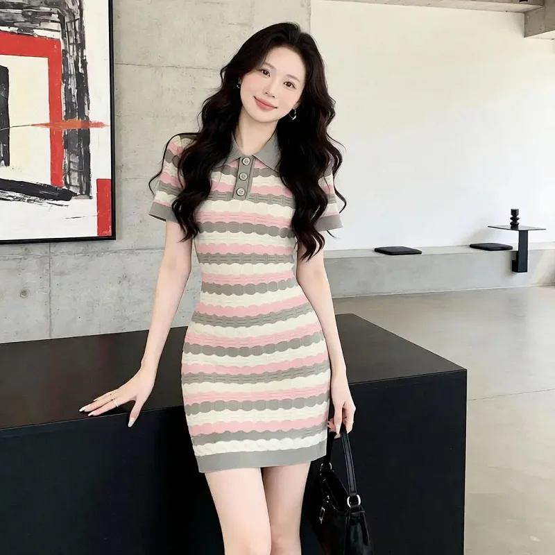 Summer new socialite small fragrant style striped French knitted dress | Litbuuy Spreadsheet
