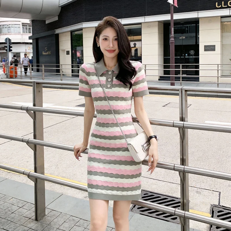 Summer new socialite small fragrant style striped French knitted dress | Litbuuy Spreadsheet