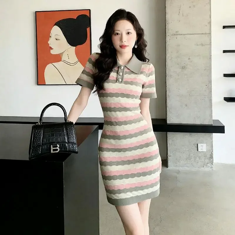 Summer new socialite small fragrant style striped French knitted dress | Litbuuy Spreadsheet