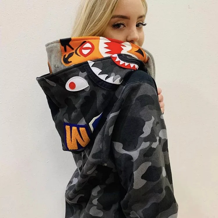 26fw spring, autumn and winter new trendy brand AAPE BAPE half-sleeved spliced black camouflage double hood double-headed tiger shark hooded sweatshirt men's cardigan jacket women