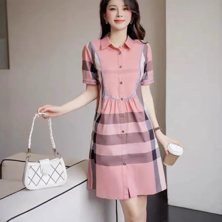 Burberry light luxury counter authentic summer new women's British style high-end plaid shirt short-sleeved slim dress trendy