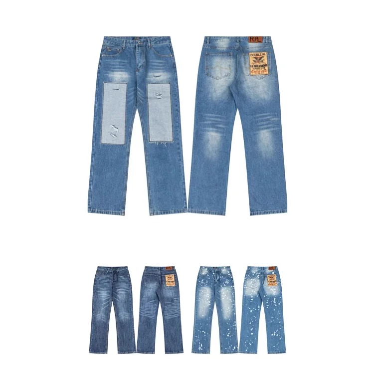 Scannable high version of Raff RL spring and summer new retro patch blue washed straight loose jeans couple style