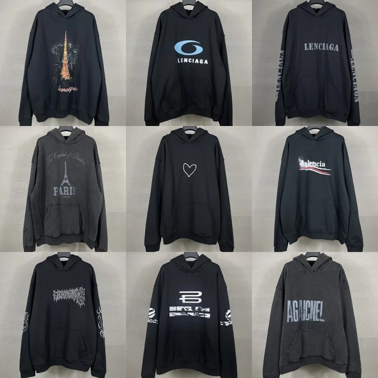 B Tower LOGO printed worn distressed OS loose hooded sweatshirt