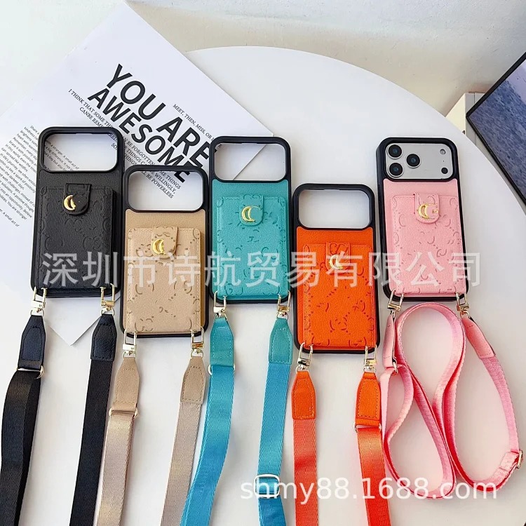 Embossed trendy brand diagonal lanyard mobile phone protective case suitable for ihone17promax mobile phone case anti-fall card holder